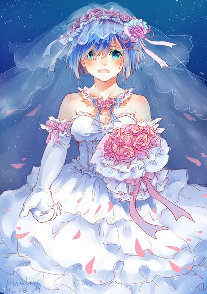 Anime picture 580x819 with re:zero kara hajimeru isekai seikatsu white fox rem (re:zero) pushy single tall image looking at viewer blush fringe short hair breasts open mouth hair between eyes bare shoulders holding signed blue hair cleavage hair flower aqua eyes