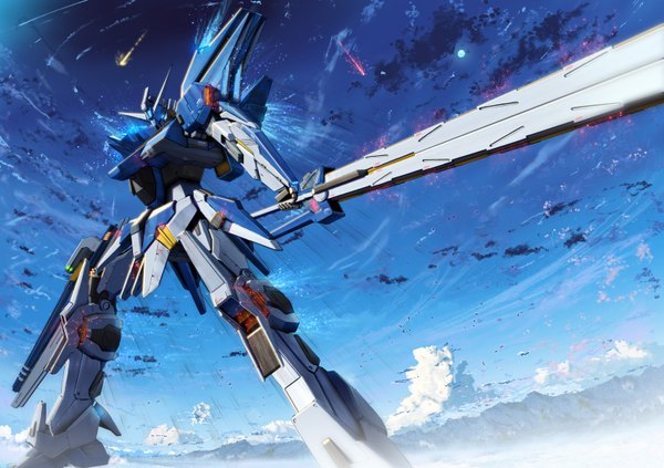 Anime picture 1488x1050 with mobile suit gundam gundam seed sunrise (studio) tsx-02r garland starlight (stack) highres sky cloud (clouds) sword moon mecha meteorite