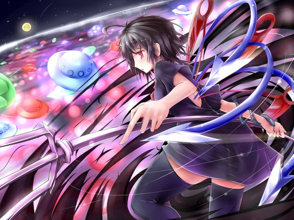 Anime picture 1333x1000 with touhou houjuu nue darren (artist) single short hair black hair red eyes girl thighhighs dress black thighhighs wings trident spacecraft ufo flying saucer