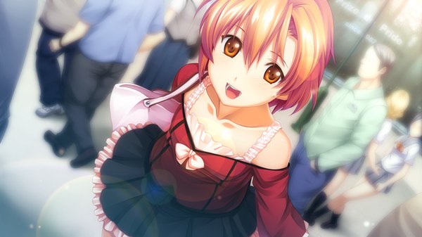 Anime picture 1280x720 with izuna zanshinken (game) short hair open mouth wide image game cg orange hair orange eyes girl dress