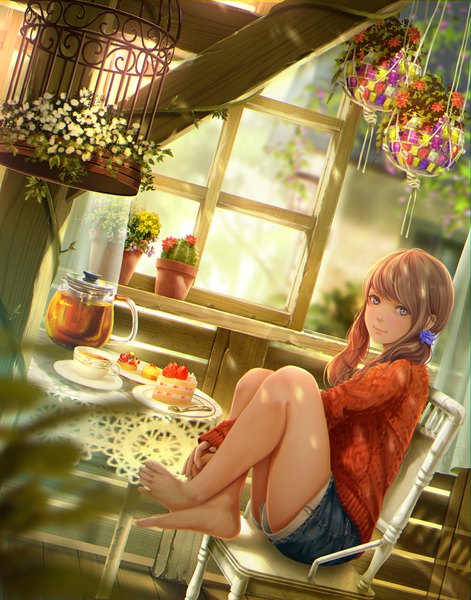 Anime picture 1200x1529 with original sho (shoichi-kokubun) single long hair tall image looking at viewer brown hair sitting brown eyes barefoot realistic bare legs girl flower (flowers) shorts window sweets short shorts cup cake