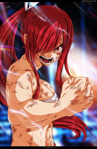Anime picture 1087x1654 with fairy tail erza scarlet wershe single long hair tall image fringe breasts open mouth light erotic red eyes large breasts ponytail red hair hair over one eye bare belly coloring light angry screaming