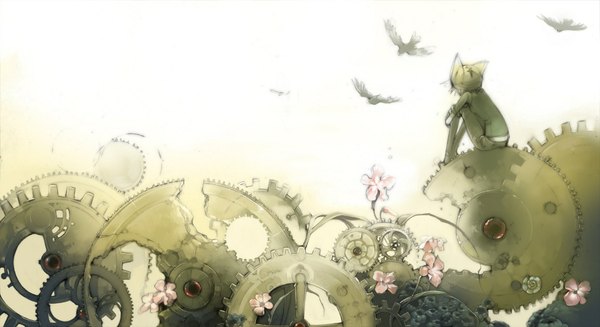 Anime picture 1155x630 with tagme (artist) wide image sitting animal ears from behind flower (flowers) animal bird (birds) gears