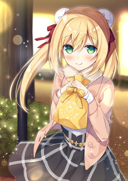 Anime picture 600x847 with original anzu (sumisaki yuzuna) sumisaki yuzuna single long hair tall image looking at viewer blush fringe blonde hair smile hair between eyes twintails green eyes from above wind hair bun (hair buns) plaid skirt girl skirt