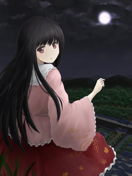 Anime picture 2323x3091 with touhou houraisan kaguya af-henrytz long hair tall image looking at viewer highres black hair red eyes night girl dress moon