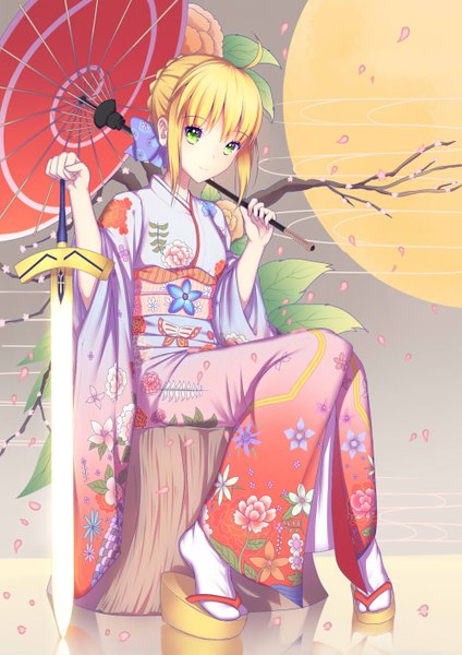 Anime picture 1000x1414 with fate (series) fate/stay night artoria pendragon (all) saber kr (sapphire) single tall image looking at viewer fringe short hair blonde hair smile sitting holding green eyes payot full body ahoge bent knee (knees) braid (braids)