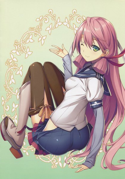 Anime picture 4259x6068 with kantai collection akashi repair ship kikuchi seiji single long hair tall image highres green eyes pink hair absurdres one eye closed light smile wink scan official art girl thighhighs skirt ribbon (ribbons) black thighhighs