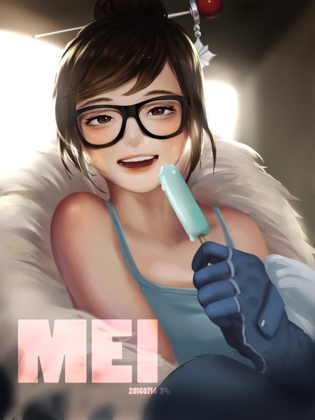 Anime picture 2551x3401 with overwatch blizzard entertainment mei (overwatch) 3 percent single tall image looking at viewer blush highres short hair open mouth smile brown hair holding brown eyes payot upper body lips realistic open clothes