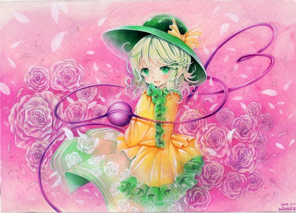 Anime picture 1500x1079 with touhou komeiji koishi mosho single looking at viewer blush short hair open mouth simple background green eyes signed green hair pink background traditional media eyes watercolor (medium) girl flower (flowers) hat petals