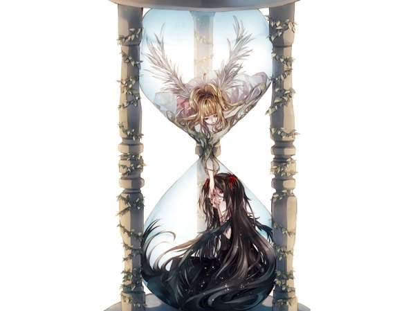 Anime picture 1483x1110 with original tsukioka tsukiho long hair black hair simple background blonde hair white background twintails multiple girls tail holding hands girl dress 2 girls plant (plants) wings clock hands hourglass