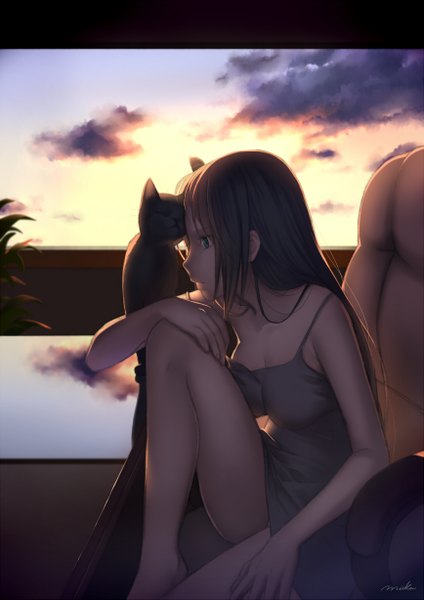 Anime picture 867x1227 with original nana mikoto single long hair tall image blue eyes black hair sitting cloud (clouds) profile legs girl animal cat armchair