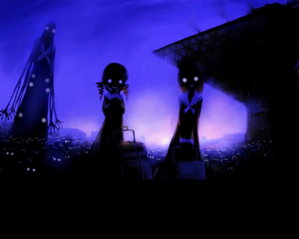 Anime picture 1280x1024 with maria-sama ga miteru studio deen short hair smile twintails multiple girls glowing short twintails blue background glowing eye (eyes) silhouette horror girl uniform 2 girls school uniform