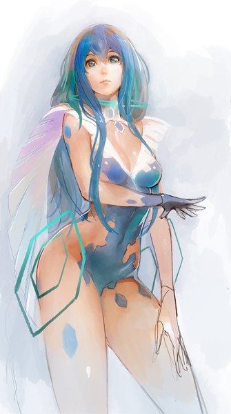 Anime picture 1120x2006 with million arthur (series) kaku-san-sei million arthur square enix maxpower (artist) single long hair tall image looking at viewer highres breasts blue eyes light erotic simple background standing white background cleavage multicolored hair aqua hair shadow blue background