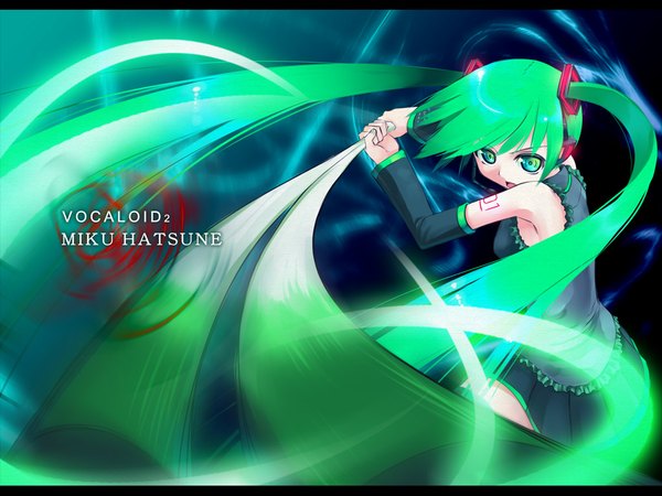 Anime picture 1024x768 with vocaloid hatsune miku kakaon long hair twintails green eyes green hair girl skirt detached sleeves leek
