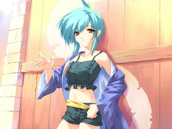 Anime picture 1024x768 with sorairo no organ (game) stella (sorairo no organ) minase lin single looking at viewer short hair smile standing bare shoulders yellow eyes blue hair game cg wide sleeves girl navel shorts crop top