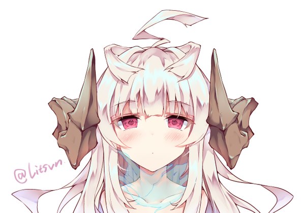 Anime picture 2500x1743 with original litsvn single long hair looking at viewer blush fringe highres simple background white background bare shoulders payot silver hair upper body ahoge white hair blunt bangs pink eyes horn (horns) :o