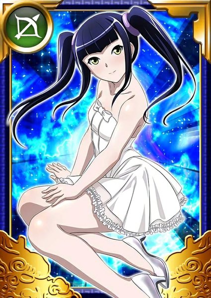 Anime picture 567x800 with ikkitousen saji genpou (true) single long hair tall image looking at viewer black hair twintails yellow eyes card (medium) girl dress