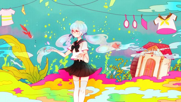 Anime picture 1281x720 with vocaloid hatsune miku bottle miku awoko (pekikokko) single long hair red eyes wide image twintails zettai ryouiki underwater abstract liquid hair girl thighhighs skirt uniform underwear panties school uniform