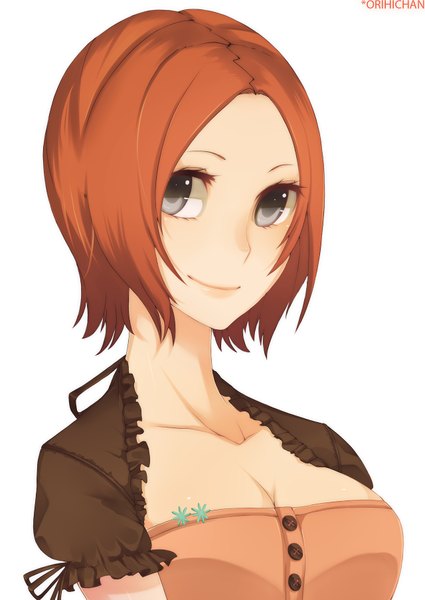 Anime picture 1280x1808 with bleach studio pierrot inoue orihime persona92 (orichie) single tall image looking at viewer short hair simple background smile white background orange hair grey eyes portrait alternate hairstyle girl