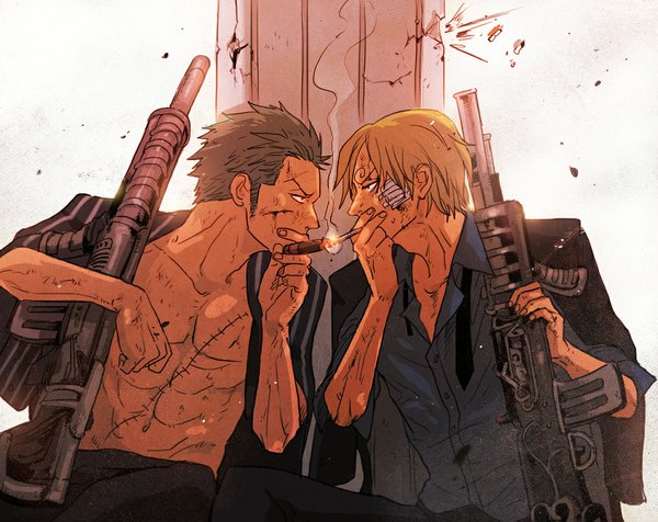 Anime picture 988x785 with one piece toei animation roronoa zoro sanji hy short hair simple background blonde hair sitting profile grey hair multiple boys scar smoke eyebrows open collar face to face smoking bandaid on face boy