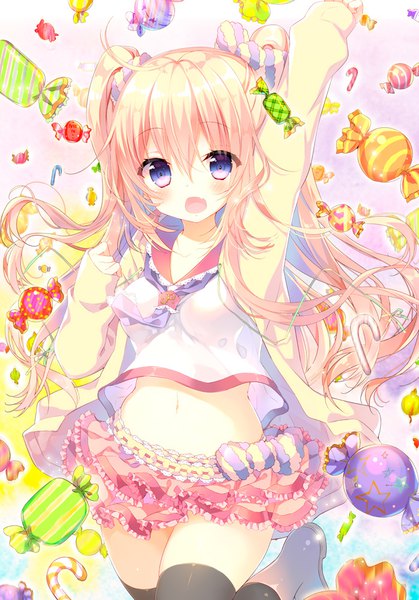 Anime picture 699x1000 with original yadapot single long hair tall image looking at viewer blush fringe open mouth blonde hair hair between eyes purple eyes ahoge arm up bare belly two side up girl thighhighs skirt navel