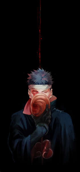 Anime picture 1344x2868 with naruto studio pierrot naruto (series) uchiha obito tobi zifletts single tall image looking at viewer short hair black hair simple background red eyes signed one eye closed twitter username black background akatsuki boy gloves