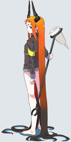 Anime picture 1000x2000 with original bouen single tall image looking at viewer open mouth light erotic black hair simple background standing brown eyes payot full body ass very long hair looking back multicolored hair barefoot horn (horns) from behind