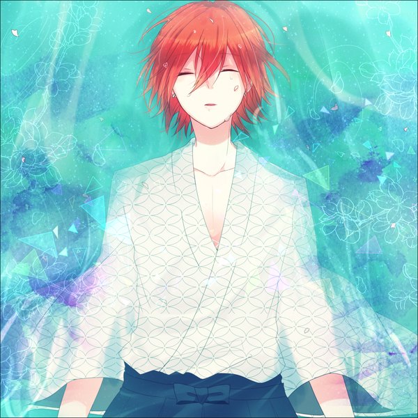 Anime picture 1000x1000 with meiji tokyo renka izumi kyouka (meikoi) peko (pixiv id3939956) single short hair open mouth red hair lying eyes closed traditional clothes japanese clothes from above ophelia's pose boy petals water hakama