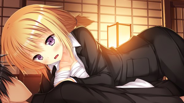 Anime picture 2048x1152 with koiken otome ichikura chiharu long hair blush highres open mouth light erotic blonde hair wide image purple eyes game cg lying couple girl boy bandage (bandages) suit