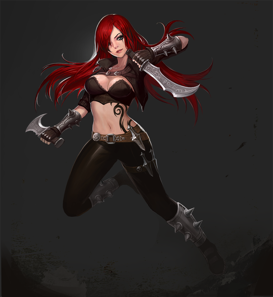 Anime picture 900x978 with league of legends katarina (league of legends) phonic single long hair tall image looking at viewer fringe breasts simple background holding green eyes bent knee (knees) red hair light smile hair over one eye bare belly black background leg lift (legs lift) girl