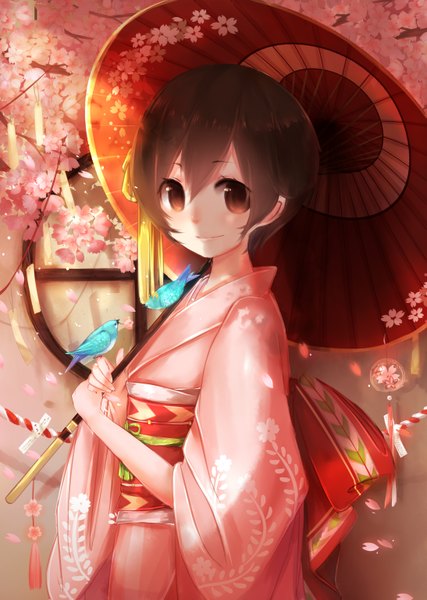 Anime picture 2185x3070 with ouran high school host club studio bones fujioka haruhi lu (tabasa1991) single tall image looking at viewer highres short hair black hair brown eyes traditional clothes japanese clothes girl flower (flowers) animal petals kimono bird (birds) umbrella