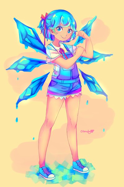 Anime picture 1500x2250 with touhou cirno tanned cirno cloudytian single tall image looking at viewer short hair blue eyes simple background smile standing signed blue hair full body ponytail bare legs short sleeves alternate costume text