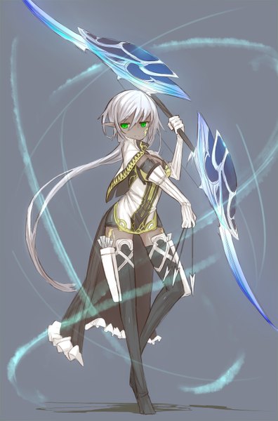 Anime picture 2000x3024 with original ganesagi single long hair tall image looking at viewer highres simple background standing green eyes white hair pointy ears tattoo zettai ryouiki dark skin elf girl thighhighs gloves weapon