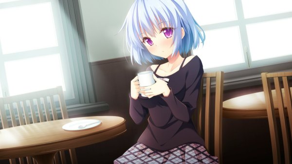 Anime picture 1280x720 with 11gatsu no arcadia hatori airu hayakawa harui single looking at viewer blush fringe short hair wide image sitting purple eyes blue hair game cg steam girl window chair table mug