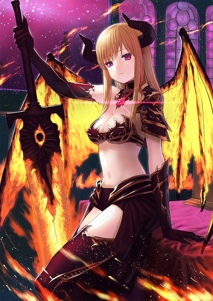 Anime picture 724x1023 with original wasabi60 single long hair tall image looking at viewer fringe breasts light erotic hair between eyes red eyes brown hair sitting holding payot cleavage horn (horns) fingernails arm support glowing