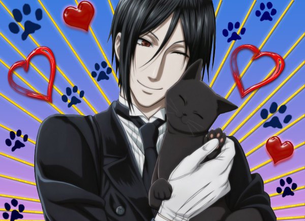 Anime picture 1600x1161 with kuroshitsuji a-1 pictures sebastian michaelis short hair black hair smile red eyes one eye closed wink boy gloves necktie heart cat suit