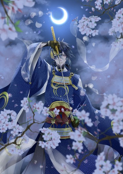 Anime picture 850x1200 with touken ranbu nitroplus mikazuki munechika madoka (gtstk) single tall image looking at viewer fringe short hair black hair standing holding outdoors traditional clothes japanese clothes wind hair over one eye night wide sleeves cherry blossoms