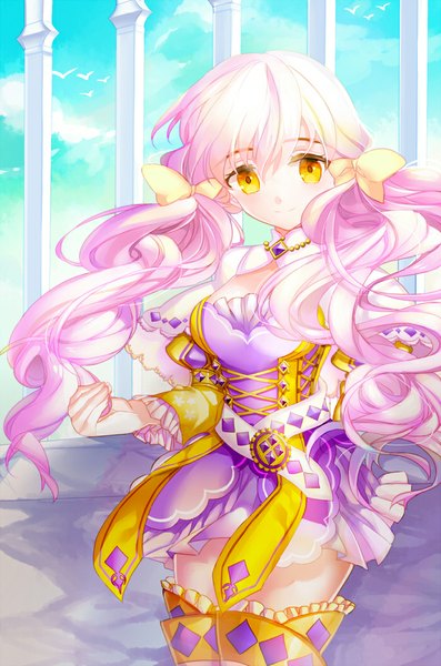 Anime picture 700x1058 with original toast (artist) single long hair tall image looking at viewer twintails yellow eyes pink hair sky girl dress ribbon (ribbons) hair ribbon animal bird (birds)