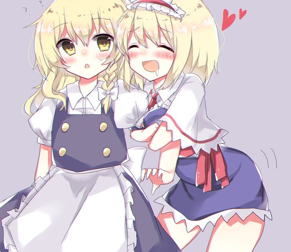 Anime picture 1951x1697 with touhou kirisame marisa alice margatroid rbtt blush fringe highres open mouth simple background blonde hair hair between eyes multiple girls yellow eyes braid (braids) eyes closed short sleeves puffy sleeves happy side braid saliva