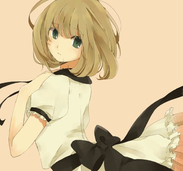 Anime picture 1220x1145 with original hanno single looking at viewer short hair simple background blonde hair looking back green hair girl dress bow