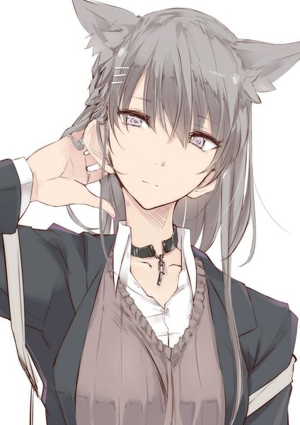 Anime picture 1157x1636 with original touma raito single long hair tall image looking at viewer fringe simple background hair between eyes white background animal ears head tilt light smile grey hair cat ears cat girl grey eyes adjusting hair open collar girl