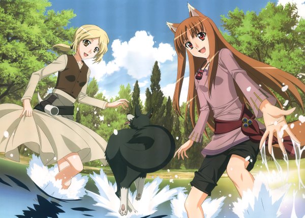Anime picture 4826x3460 with spice and wolf horo nora arento long hair highres blonde hair red eyes brown hair multiple girls animal ears absurdres horn (horns) wolf ears wolf tail wolf girl girl 2 girls animal water dog