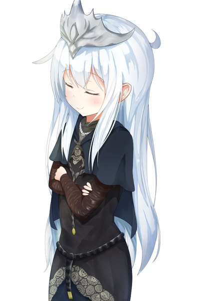 Anime picture 679x960 with kantai collection dark souls (series) dark souls dark souls 3 from software hibiki destroyer fire keeper kiomota single long hair tall image blush fringe simple background smile standing white background payot upper body ahoge