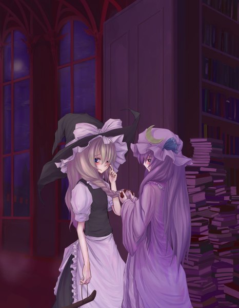 Anime picture 2100x2700 with touhou kirisame marisa patchouli knowledge tagme (artist) tall image highres blue eyes blonde hair purple eyes purple hair indoors braid (braids) twin braids witch girl ribbon (ribbons) hat book (books) witch hat library