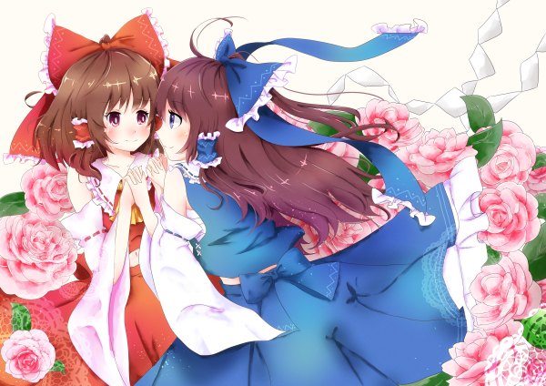 Anime picture 1200x848 with touhou hakurei reimu aya mizu long hair blush short hair blue eyes simple background smile brown hair white background tears holding hands shoujo ai crying eye contact dual persona alternate color girl skirt