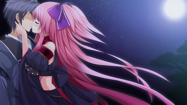 Anime picture 1280x720 with sengoku hime long hair short hair black hair wide image pink hair game cg eyes closed couple kiss girl boy moon
