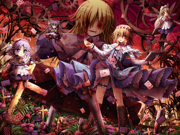 Anime picture 1200x900 with alice in wonderland touhou alice margatroid long hair fringe short hair standing holding girl sword blood