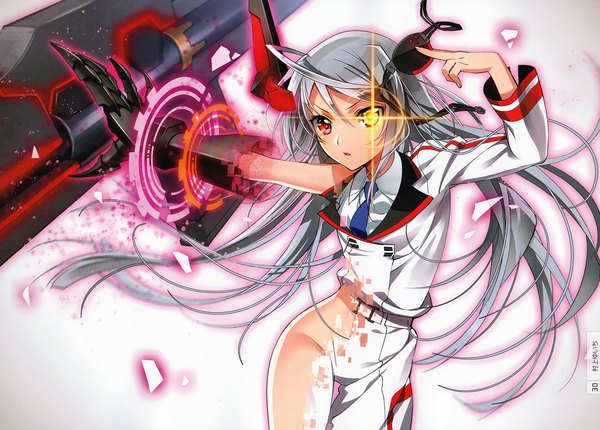 Anime picture 2789x2000 with infinite stratos 8bit laura bodewig murakami yuichi single long hair looking at viewer highres light erotic silver hair scan heterochromia glowing glowing eye (eyes) girl uniform weapon school uniform