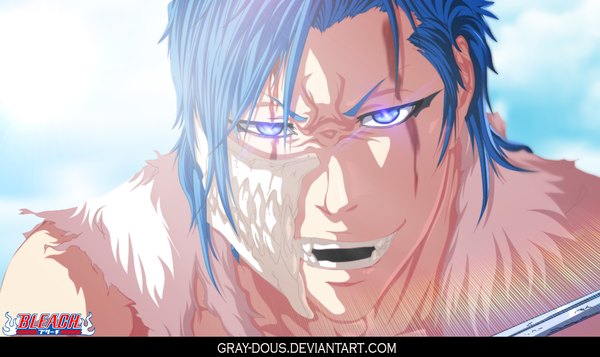 Anime picture 1124x669 with bleach studio pierrot grimmjow jeagerjaques gray-dous single short hair open mouth blue eyes smile wide image blue hair sky cloud (clouds) sunlight inscription coloring close-up face espada boy