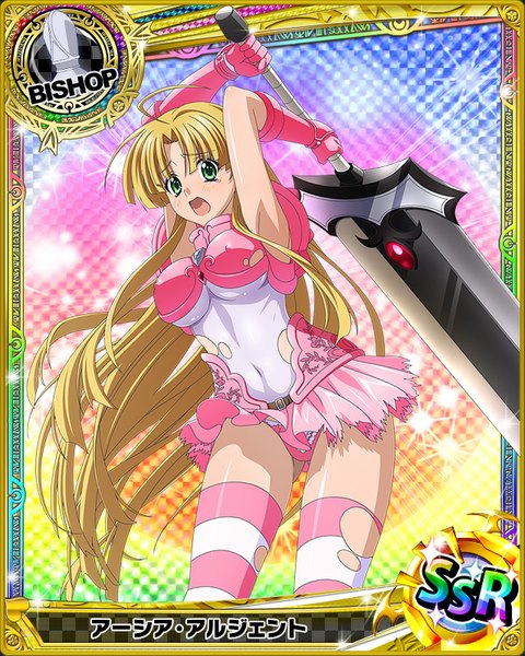 Anime picture 640x800 with highschool dxd asia argento single long hair tall image looking at viewer blush breasts open mouth light erotic blonde hair green eyes pantyshot torn clothes card (medium) girl thighhighs dress gloves underwear